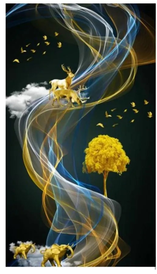 Cuadro Decorativo Vertical 3D Abstracto Dorado con Ciervos
