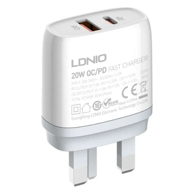 Cargador LDNIO Q229 20W USB-C + USB QC3.0 con cable USB a USB-C