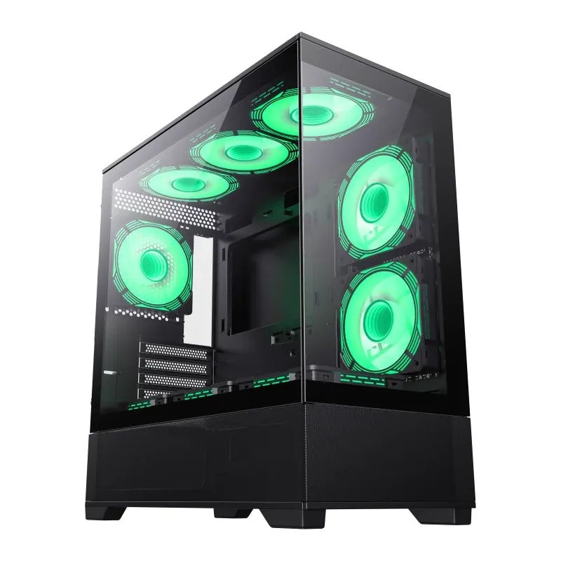 Case gamemax vista mw / m-atx / 1*usb3.0, 2*USB2.0 / vista panorámica 270° con vidrios templados / marco metálico de acero / admite tarjetas nvidia serie 4000 & refri. líquida 360° / audio combinado / soporta hasta 9*FANS