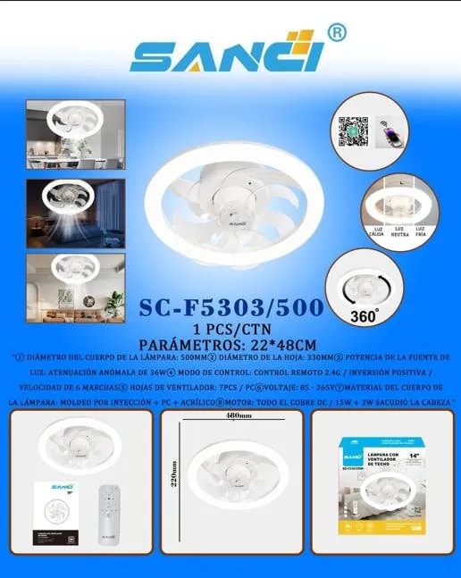 Ventilador de Techo Plafón SANCI 360° con Luz LED 50 cm
