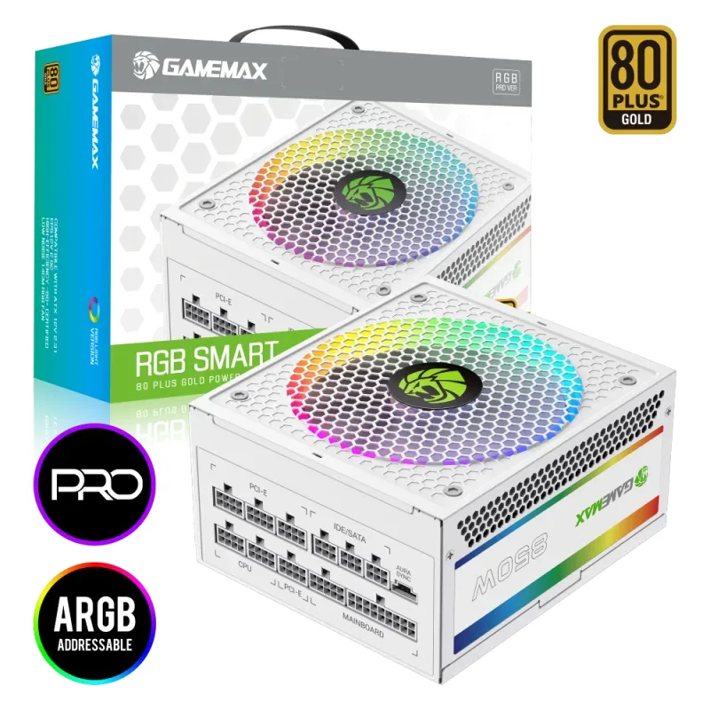 Fuente De Poder GAMEMAX 850W RGB-850 Pro WH Modular 80+ Gold Fan 14CM ARGB (25 Modos) 100-240V