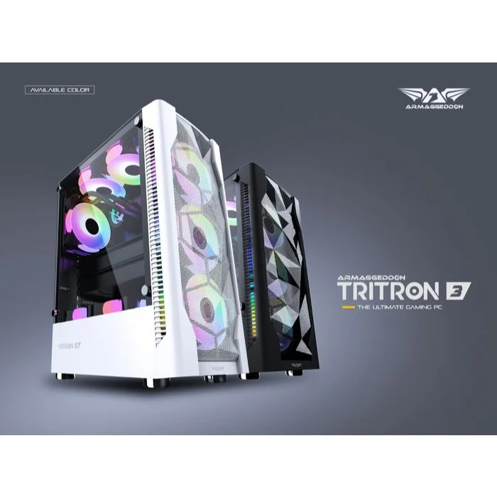 PC Chasis Armaggeddon Tritron 3 White Con Panel De Vidrio Templado IMP Incluye 3 Fans ARGB